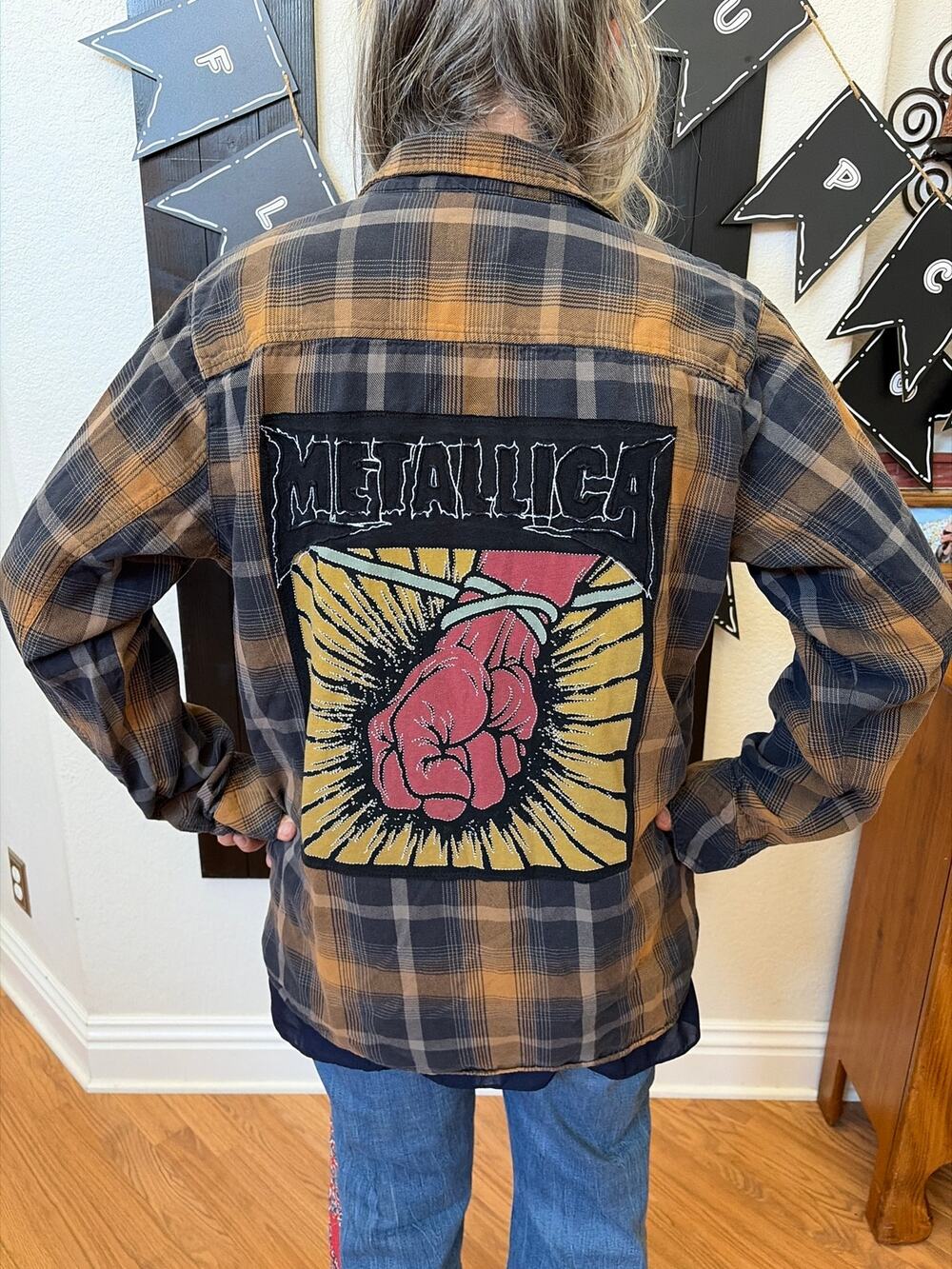 Metallica Upcycled Flannel Shirt unisex Size X-large XL missing bottons